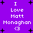 Purple background with white pixelated text reading "I Love Matt Monaghan <3" and black star-like symbols scattered across the image.