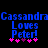 Blue pixelated text reads "Cassandra Loves Peter!" with pink and purple starbursts below on black background.