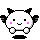 Pixel art character with white body, black eyes, pink cheeks, and black wing-like ears; two states show smiling face and open mouth with raised hand gesture.