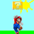 Pixelated Mario character in blue overalls and red shirt performs a jumping sequence against light blue background with yellow suns, green ground strip, and 'SMB' text below.