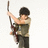 Pixelated figure in dark cap and sleeveless shirt holds a long object aloft against plain background.