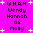 Pixelated text list on bright pink background with white starbursts, showing names and abbreviations in black block letters.
