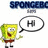 Yellow sponge character with brown shorts and black shoes, smiling widely while holding a speech bubble reading 'HI' or a large text overlay saying 'Spongebob ROX!!'