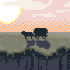 Pixel art scene showing two dark silhouettes on a grassy hill under pink sky with orange checkered horizon and yellow sunburst.
