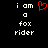 Black background with white pixelated text reading "i am a fox rider" and a red heart symbol above the word "am".