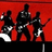 Three silhouetted figures play electric guitars against a solid red background with a white and gray lower section.