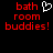 Red pixelated text 'bath room buddies!' on black background with white heart symbol above right side of text.