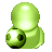 Pixelated green abstract shape with rounded top and bottom sections, featuring a bright white highlight on the upper portion and a dark circular detail on the lower left.