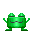 Green pixelated frog-like character with closed eyes and a mustache in multiple poses against gray background.