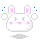 Pixelated white bunny head with pink inner ears, cheeks, and nose; gray eyes; blue squares and white circles floating around on gray background.