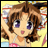 Anime-style character with brown hair and purple eyes in a yellow background, next to black with white text