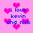 Pixelated pink background with blue text reading 'i love kevin and nick' surrounded by pink heart shapes in various sizes and positions.