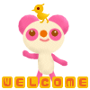 A 2-frame animated contact sheet showing a pink and white cartoon character with large eyes, an orange nose, and a yellow bird on its head, standing against a gray background with the word "WELCOME" in orange blocks below.