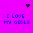 A static pixel art image with a bright purple background, blue text reading "I LOVE MY GIRLS" in four quadrants, and two black pixelated symbols: a heart at the top center and a starburst at the top right.