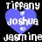 Pixelated blue heart with white text 'JOSHUA' and 'Tiffany' above and below, surrounded by white text 'Jasmine' and 'Tiffany' on black background.
