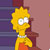 Pixelated cartoon character with yellow hair, large white eyes with green pupils, wearing a white collar and red dress against a purple and pink background.