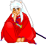 Pixelated character with white hair and cat ears in red robe, seated with hand on chin against gray background.