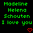 Green pixelated text on black background reads 'Madeleine Helena Schouten I love you' with red heart symbols at bottom, displayed in two identical side-by-side