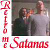 Two side-by-side show a man in gray standing beside another person, with red "Retro Satanas" text on white background; left shows the second person in dark suit and red tie, right shows them in black clothing holding an object