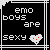 pixelated icons with black backgrounds, white text reading 'emo boys are sexy', and small heart symbols; some variations show red text or altered lettering