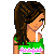Pixel art contact sheet showing a female character in green and white clothing with pink text, including full-body view, torso close-up, and name "nicole" below.