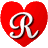 Nine red heart-shaped icons with white stylized letter R centered on each, arranged in a on a gray background