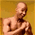 A 5-frame animated contact sheet showing a shirtless bald man with muscular build in various poses against a yellow background, with the rightmost frame partially obscured by gray transparency.