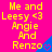 A bright pink background displays yellow text reading "Me and Leesy <3 Angie And Renzo" with blue triangular shapes containing small red hearts.