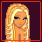 Pixel art contact sheet of a blonde female character in various poses and text panels with light yellow pixelated text on dark purple background.