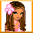 Pixel art icon of a cartoon girl with long brown hair, blue eyes, and a pink flower in her hair wearing a light pink top against an orange border.