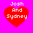 Four identical red heart shapes on a bright pink background, each containing white pixelated text reading "Josh And Sydney" in three lines.
