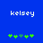 Blue background with white text 'kelsey' above green and gray star-like shapes in two distinct arrangements.