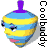 Animated contact sheet of a spinning top-shaped mascot with blue and yellow stripes, purple top, and facial features across eight frames showing rotation and expression changes.