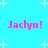 Cyan background with white starbursts; four instances of pink text 'Jaclyn!' in pixelated font, two at top and two at bottom.