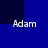 Four identical pixelated 'Adam' text instances arranged in a on a blue background with dark blue corner accents