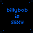Blue pixelated text 'billybob is SEXY' repeated across a black background with scattered blue dots, one gray rectangle in bottom-right corner.
