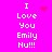 A bright pink background displays white pixelated text reading "I Love You Emily Hu!!!" with a small red heart symbol above the text in one view and a red starburst symbol in another.