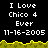 Pixelated text reads "I Love Chico 4 Ever" with date "11-16-2005" on black background, yellow grassy border at bottom.