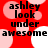 Red background with pink and white circles; black text 'ashley look under awesome' in four quadrants, with white circles shifting positions between frames.