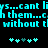 Pixelated cyan text on black background with repeated phrases and star-like symbols below.