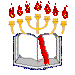 Animated icon shows open book with red vertical stripe, golden candelabra above, and changing number of red flame icons.