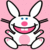 Pixelated bunny with white body, black outlines, blue eyes, pink nose and mouth, on solid light pink background.