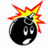 Pixelated black bomb with white eyes and mouth, red-yellow-orange explosion radiating from top right.