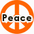 Orange peace symbol with black text and a heart icon on a white background.