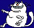 Pixelated white cat with wide grin, red eyes, and black whiskers on blue background; three distinct poses show left arm extended or bent, tail curled differently.