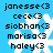 Static pixel art displays a blue background with white snowflakes and repeated names in black text, each followed by a heart symbol.