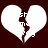 Two white broken heart shapes on a dark red background with pixelated text inside the crack.