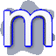 identical white lowercase 'm' characters with blue outlines on a light gray background with faint cloud-like patterns