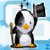Pixelated penguin with black and white body, orange beak and feet, holding a dark flag in one flipper and a brown staff in the other against light blue background.