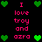 Pixelated text and green heart icons arranged in a on black background, with pink text reading "I love troy and azra" repeated across the layout